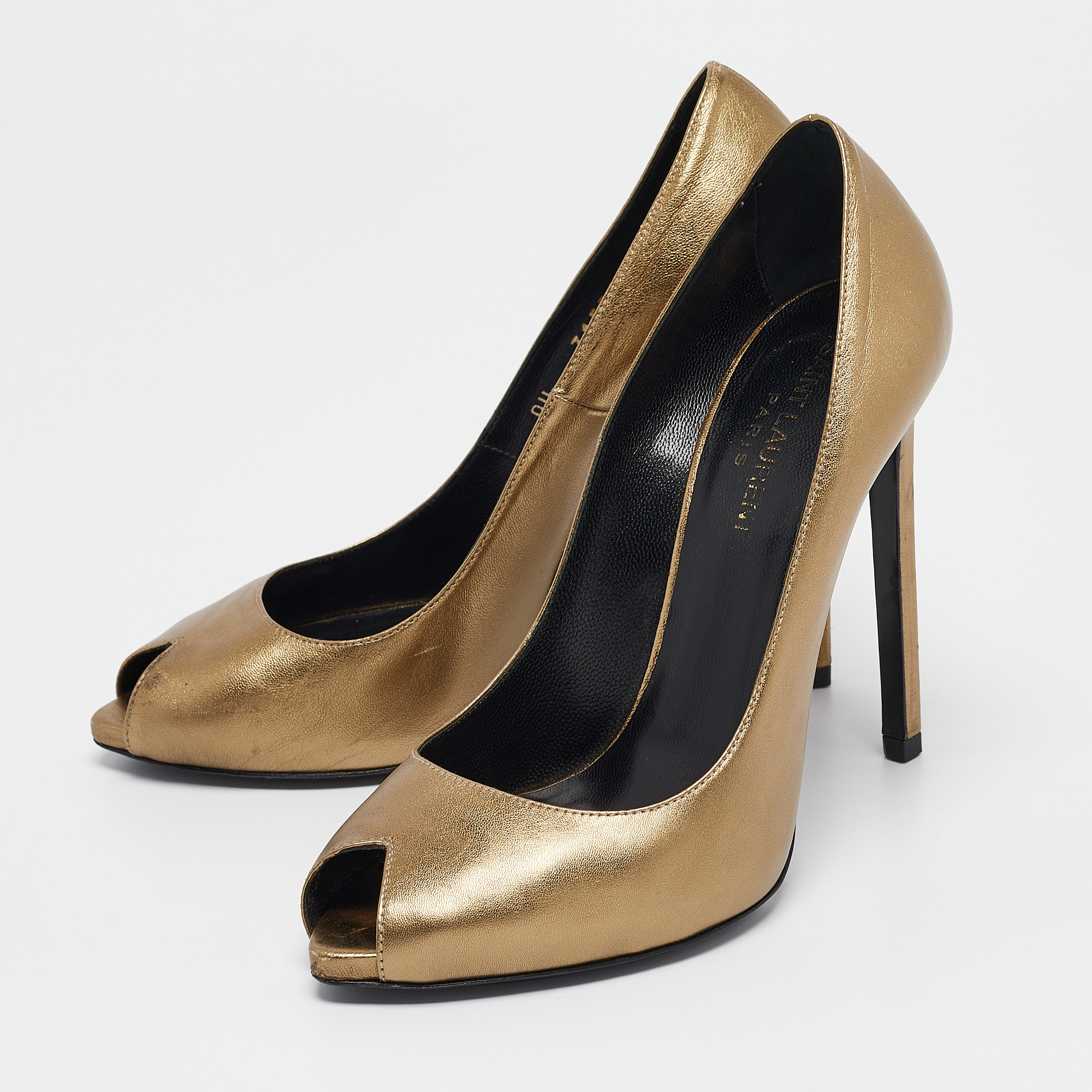 Saint Laurent Gold Leather Peep Toe Pumps Size 37