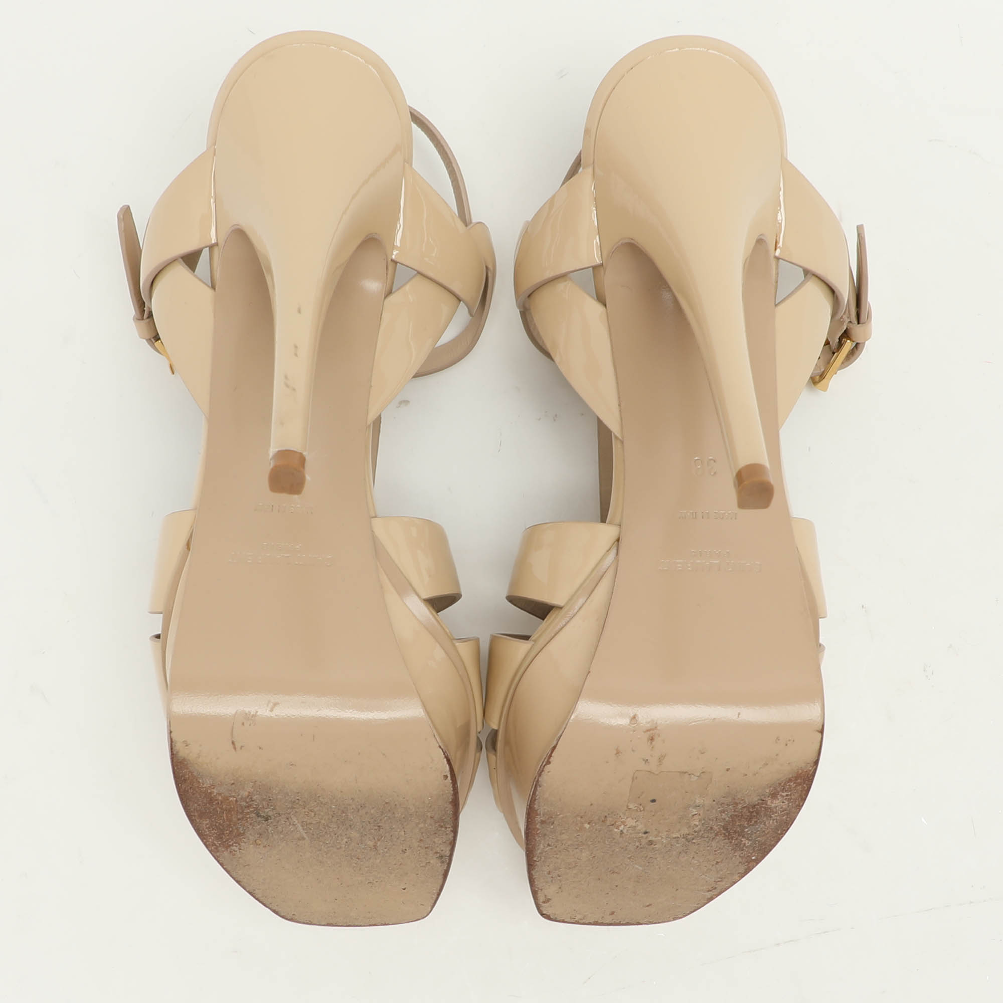 Saint Laurent Beige Patent Leather Tribute Ankle Strap Sandals Size 38