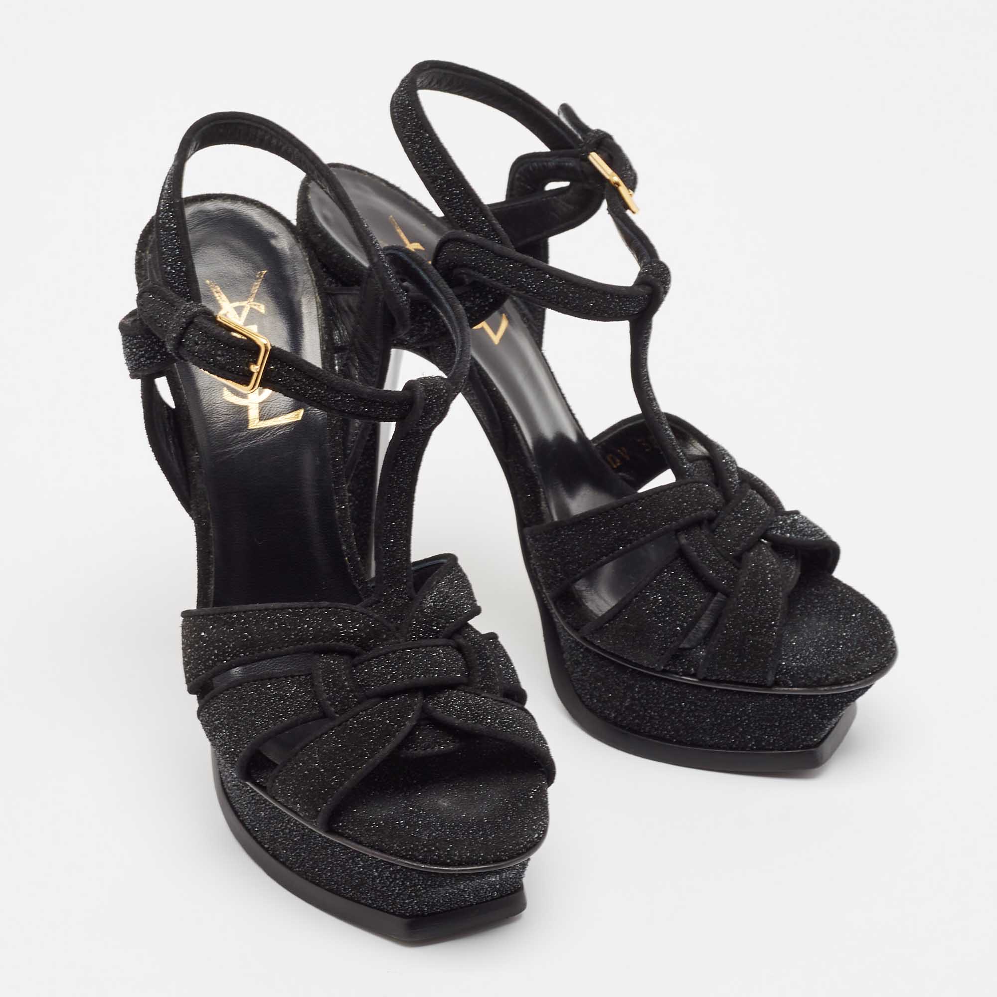 Saint Laurent Black Glitter Suede Tribute Sandals Size 35