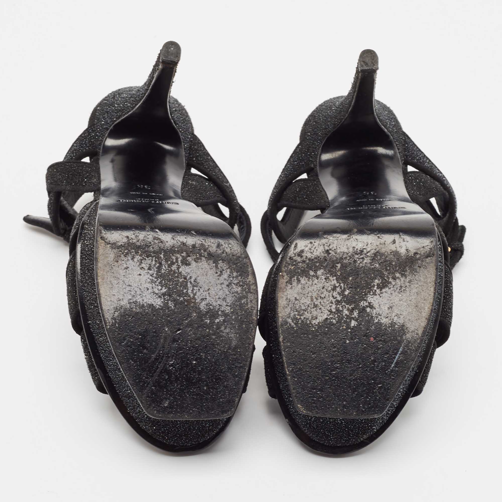 Saint Laurent Black Glitter Suede Tribute Sandals Size 35