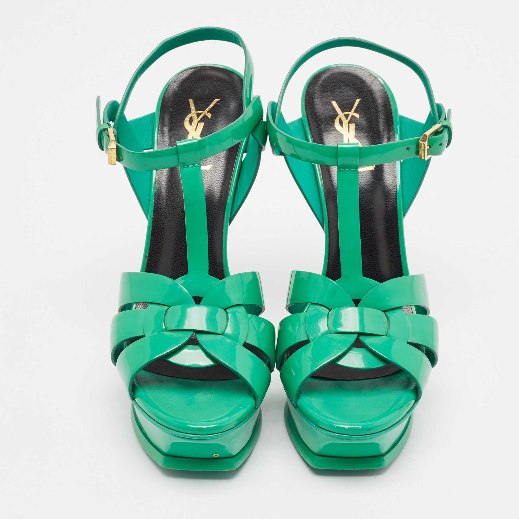 Saint Laurent Green Patent Tribute Platform Sandals Size 39