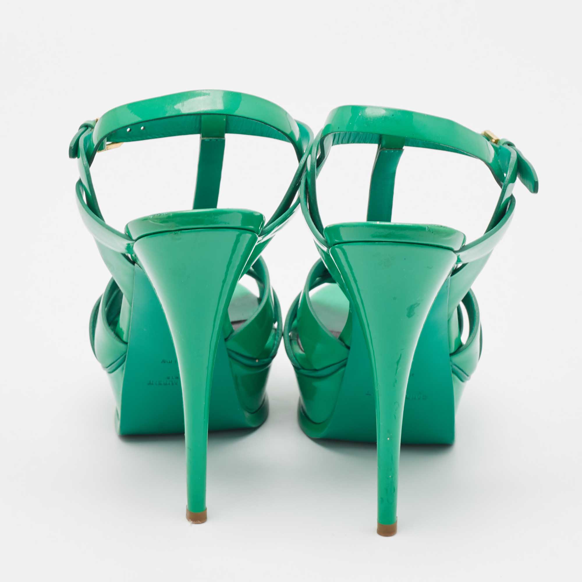 Saint Laurent Green Patent Tribute Platform Sandals Size 39