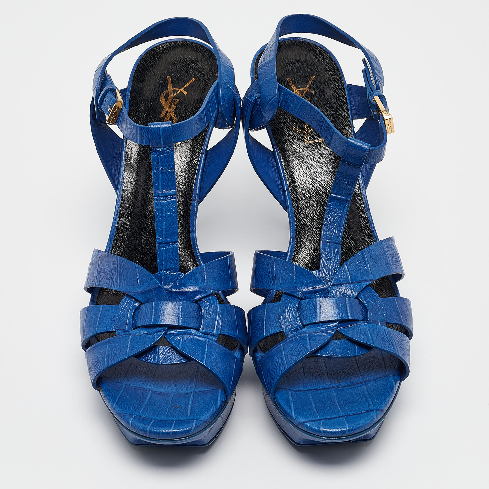 Saint Laurent Blue Croc Embossed Leather Tribute Ankle Strap Sandals Size 40.5