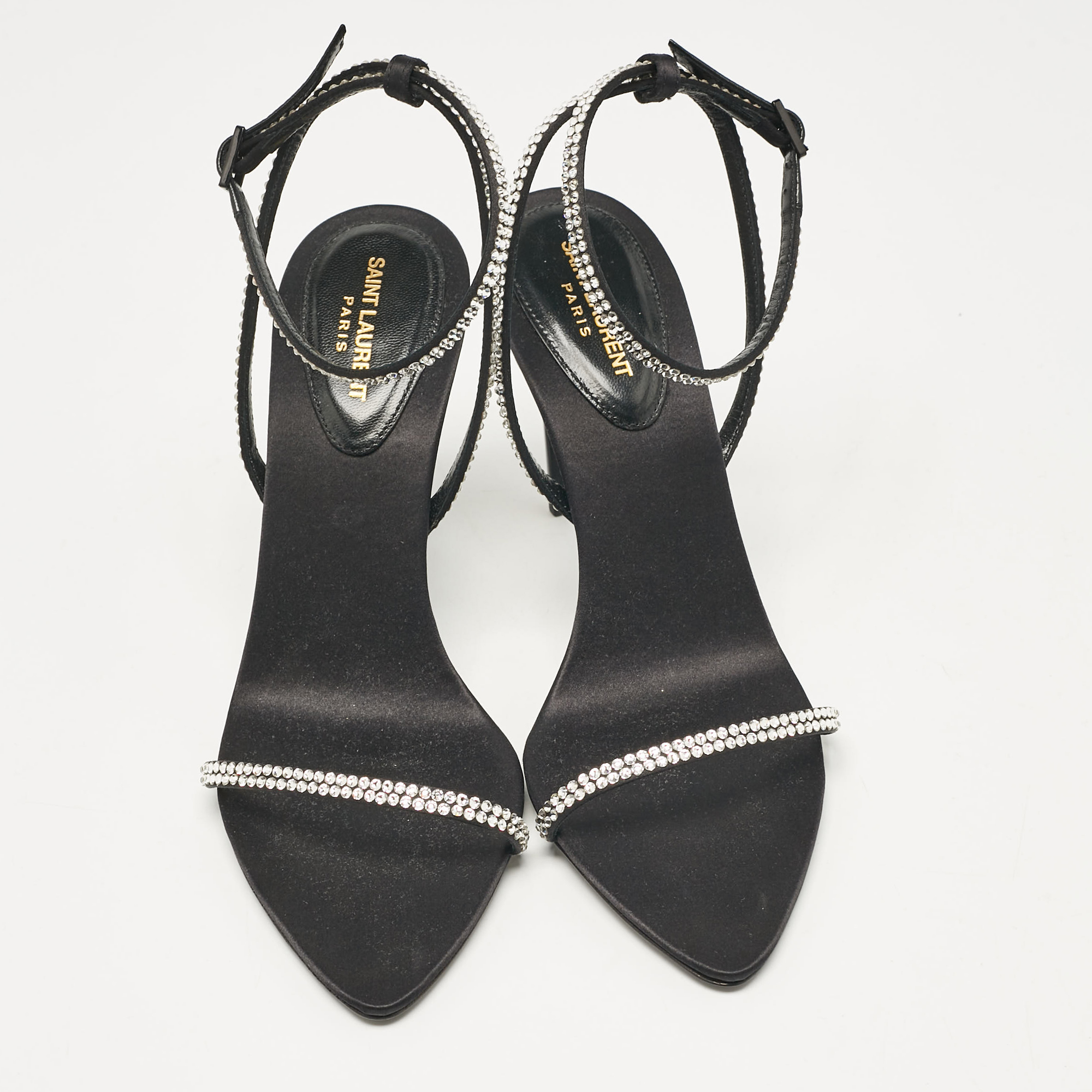 Saint Laurent Black Satin Crystal Embellished Ankle Strap Sandals Size 37