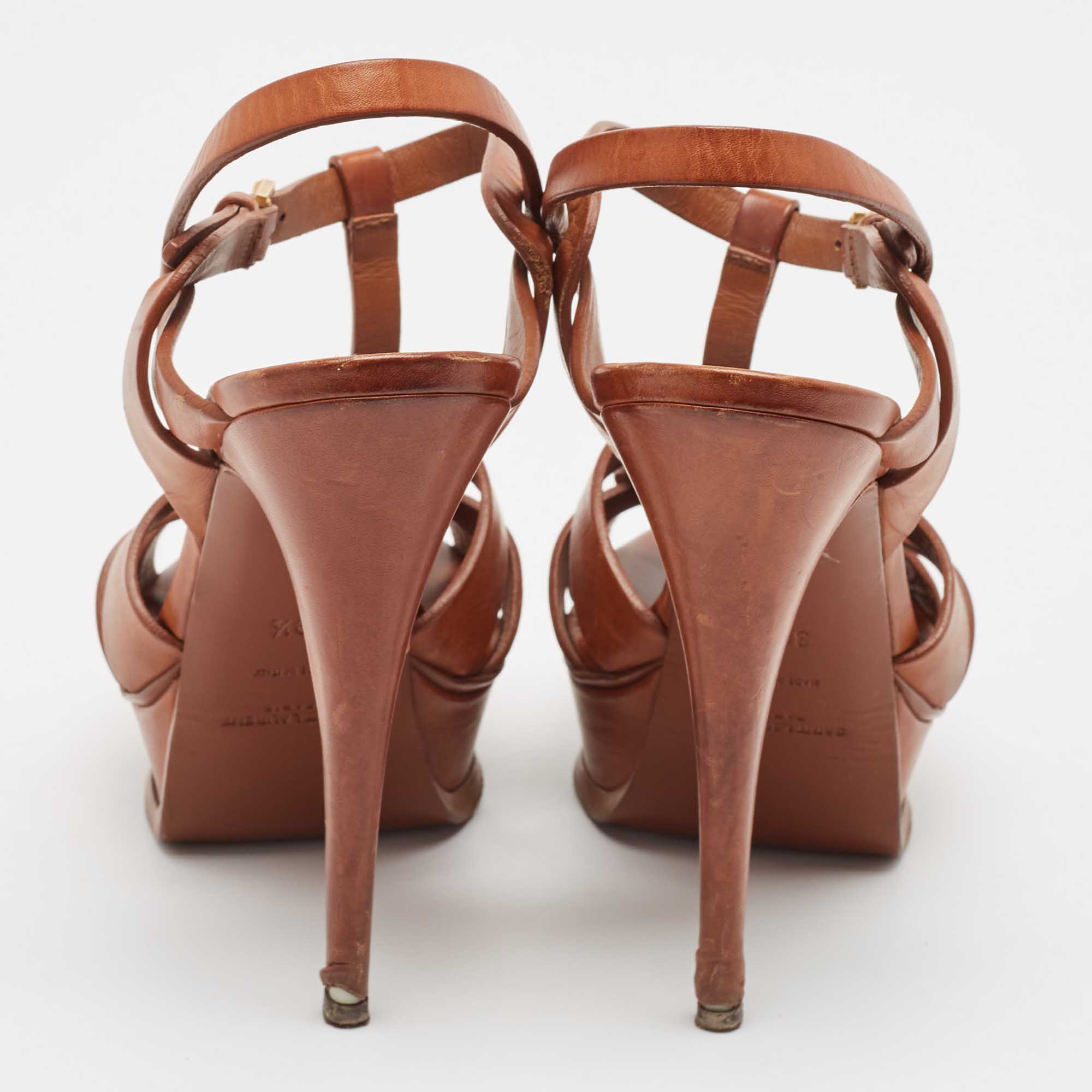 Saint Laurent Brown Leather Tribute Platform Sandals Size 39.5