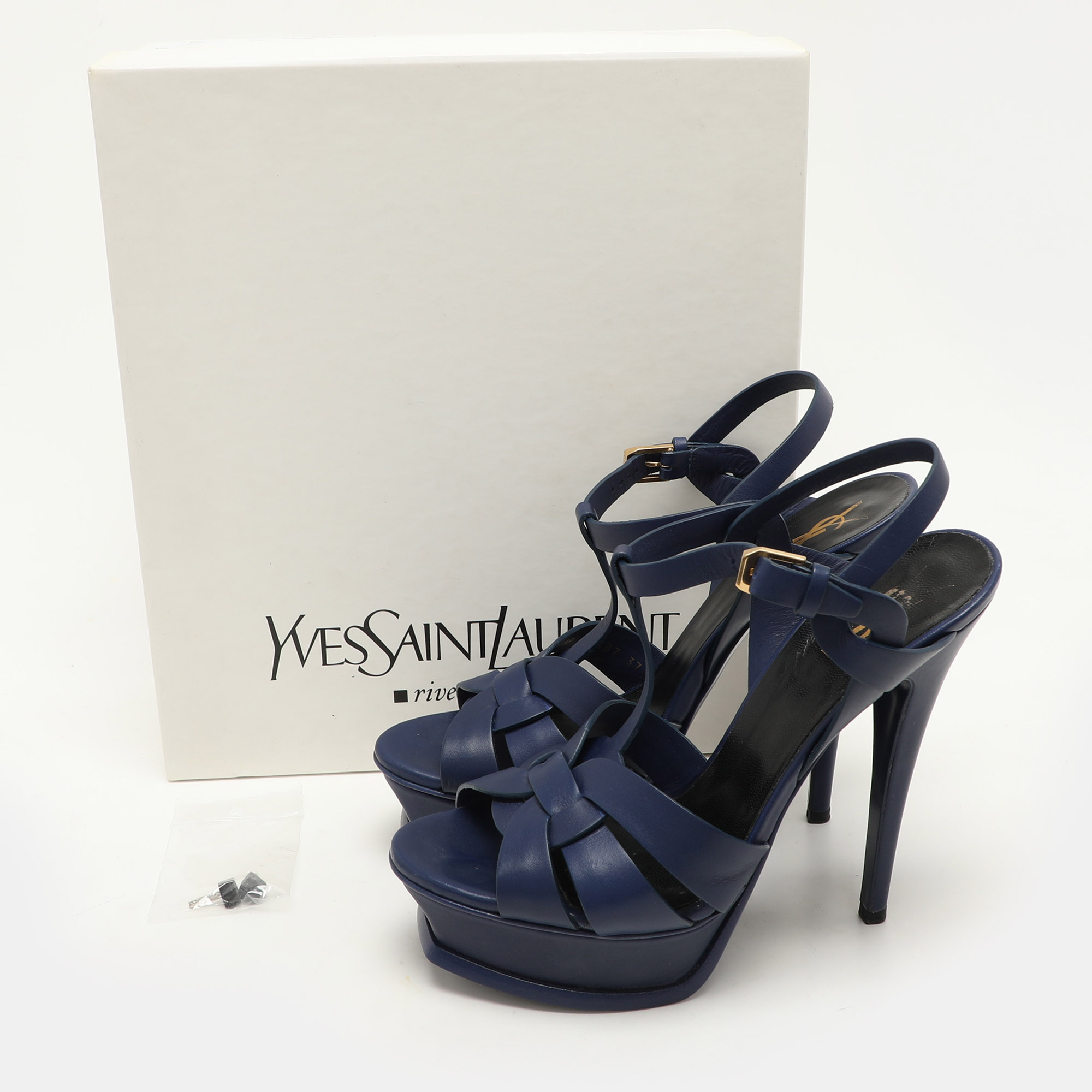 Saint Laurent Blue Leather Tribute Platform Ankle Strap Sandals Size 37