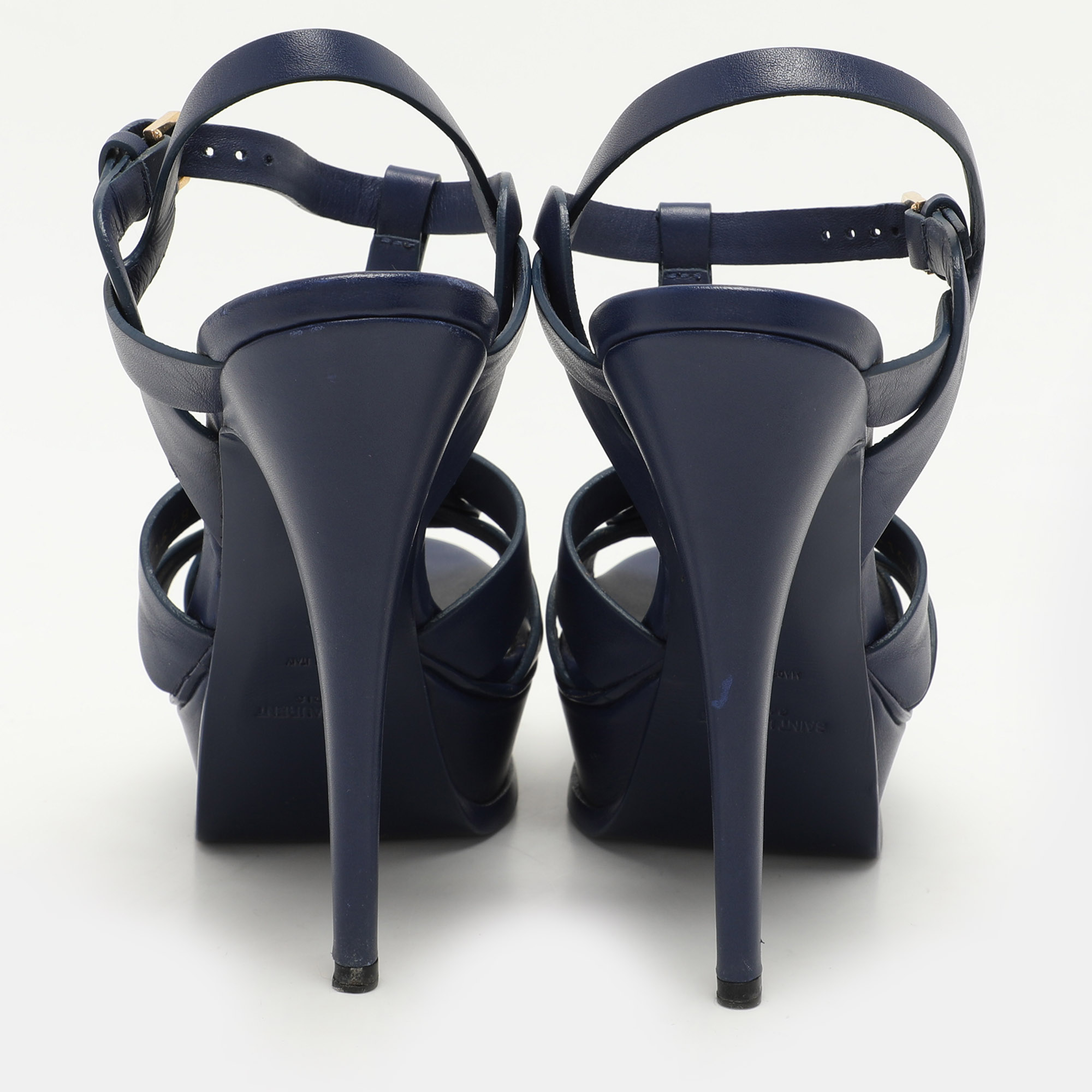 Saint Laurent Blue Leather Tribute Platform Ankle Strap Sandals Size 37