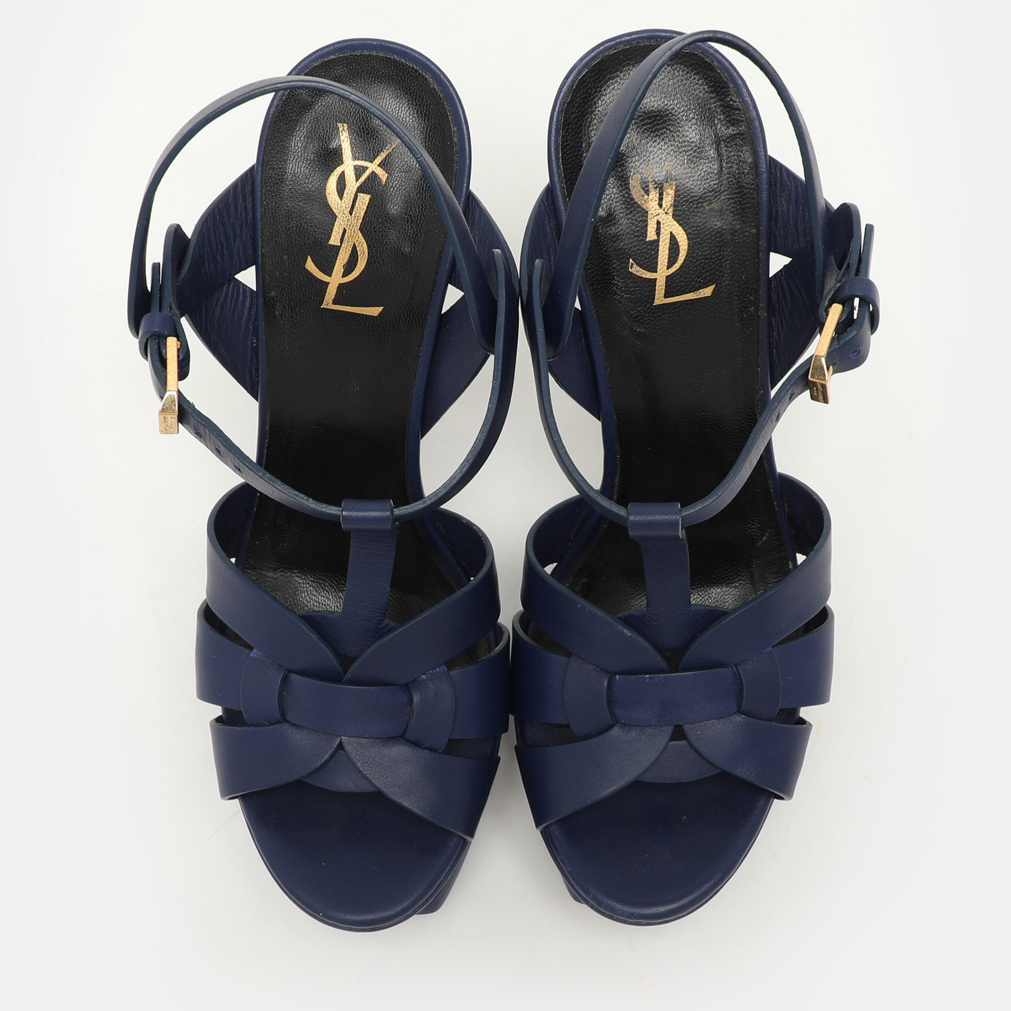 Saint Laurent Blue Leather Tribute Platform Ankle Strap Sandals Size 37