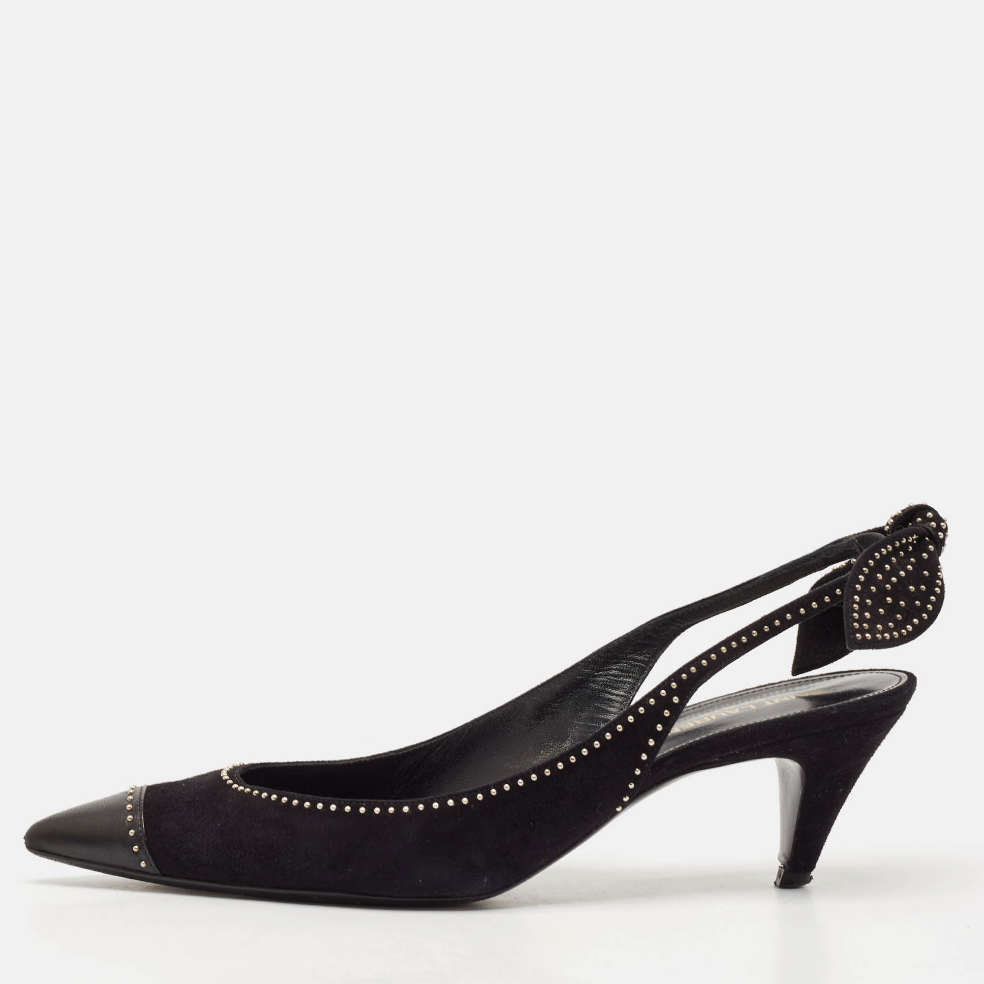 Saint Laurent Black Leather and Suede Charlotte Studded Slingback Pumps Size 39.5