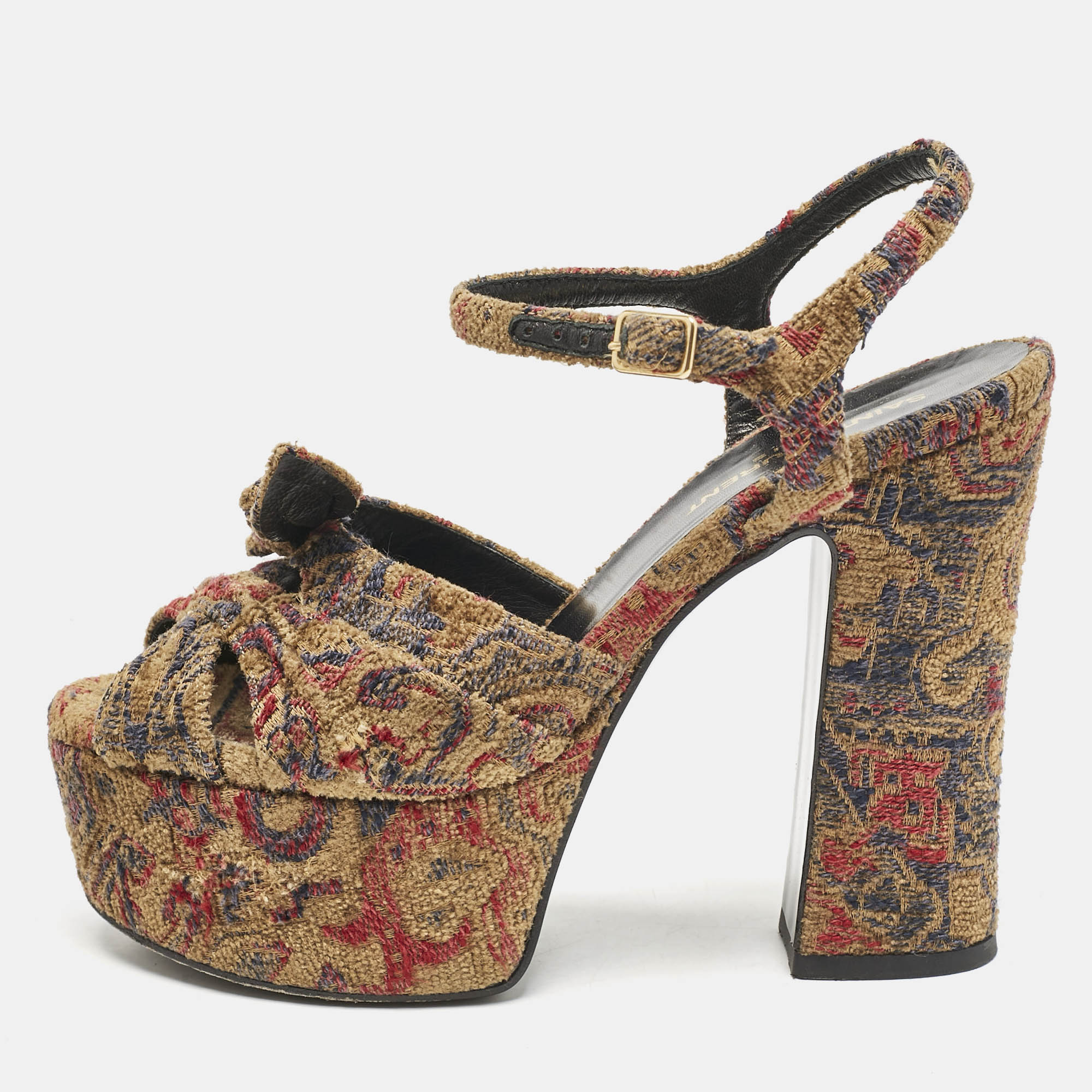 Saint Laurent Multicolor Brocade Fabric Candy Bow Platform Sandals Size
Saint Laurent Multicolor Brocade Fabric Candy Bow Platform Sandals Size
