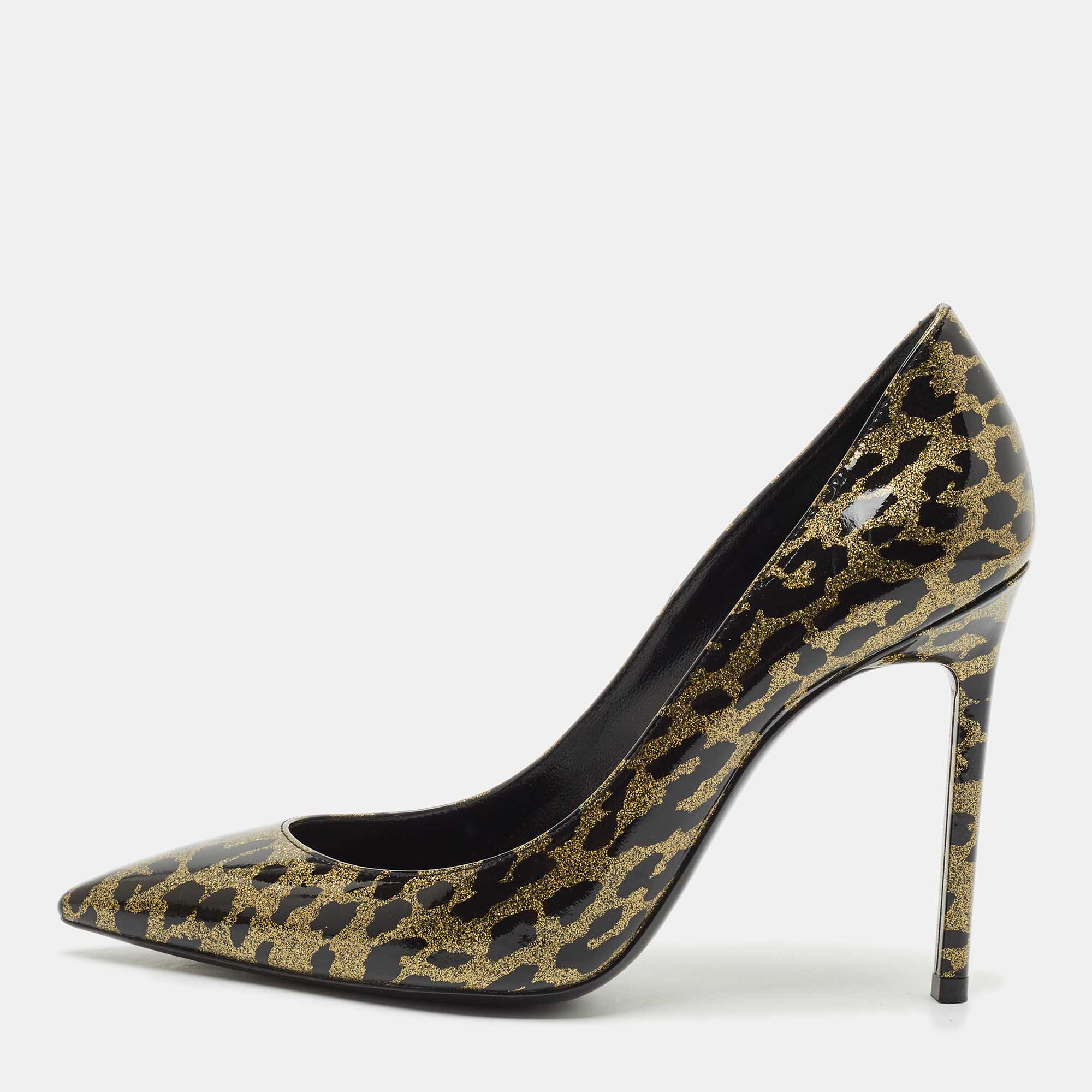 Saint Laurent Black/Gold Animal Print Patent Leather Anja Pointed Toe Pumps Size
Saint Laurent Black/Gold Animal Print Patent Leather Anja Pointed Toe Pumps Size