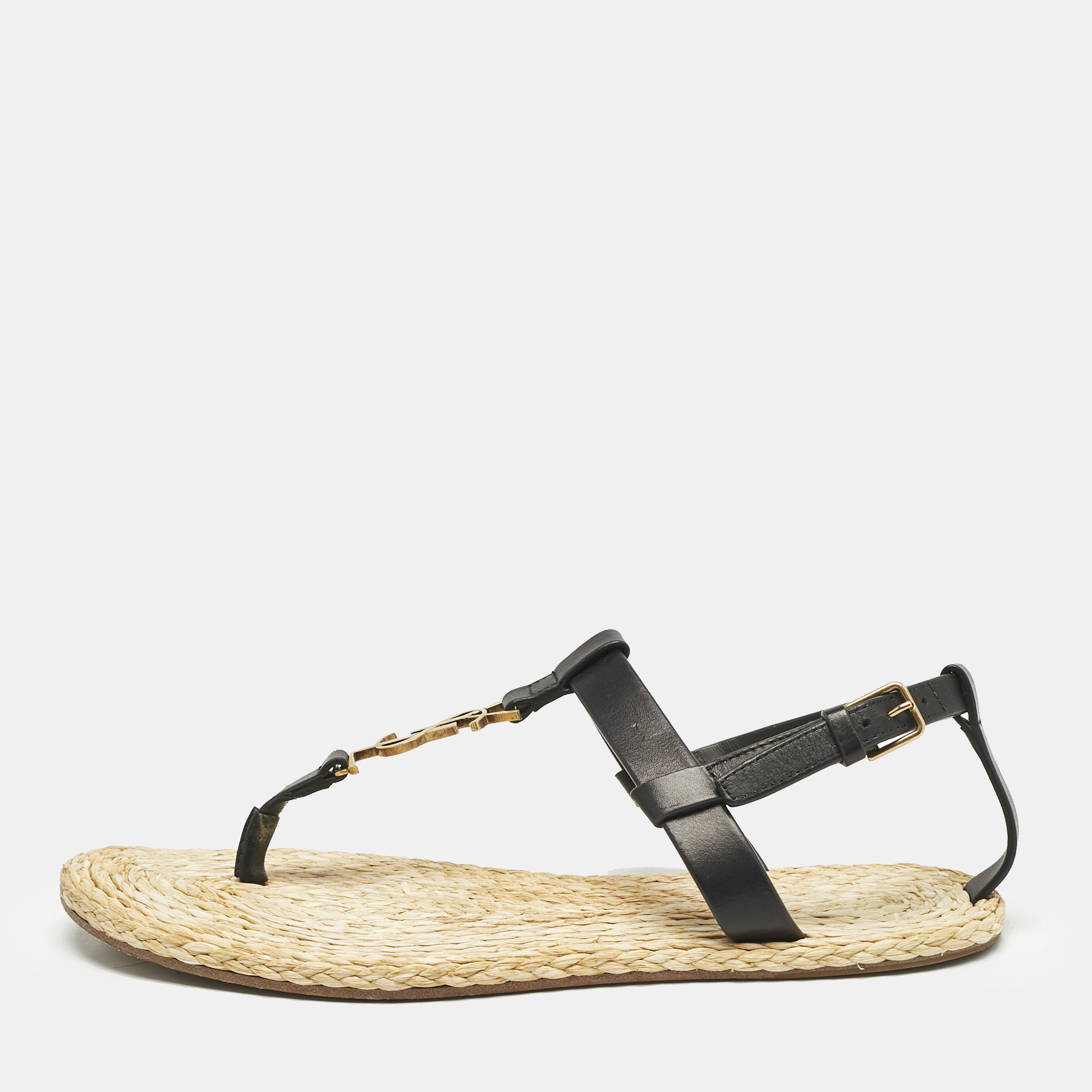 Saint Laurent Black/Beige Leather and Raffia Cassandra Thong Sandals Size
Saint Laurent Black/Beige Leather and Raffia Cassandra Thong Sandals Size