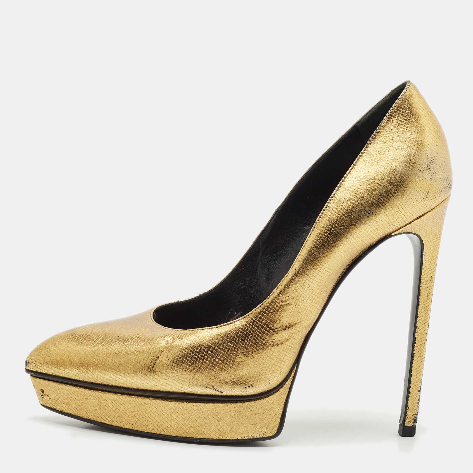 Saint Laurent Gold Leather Pointed Toe Janis Platform Pumps Size
Saint Laurent Gold Leather Pointed Toe Janis Platform Pumps Size