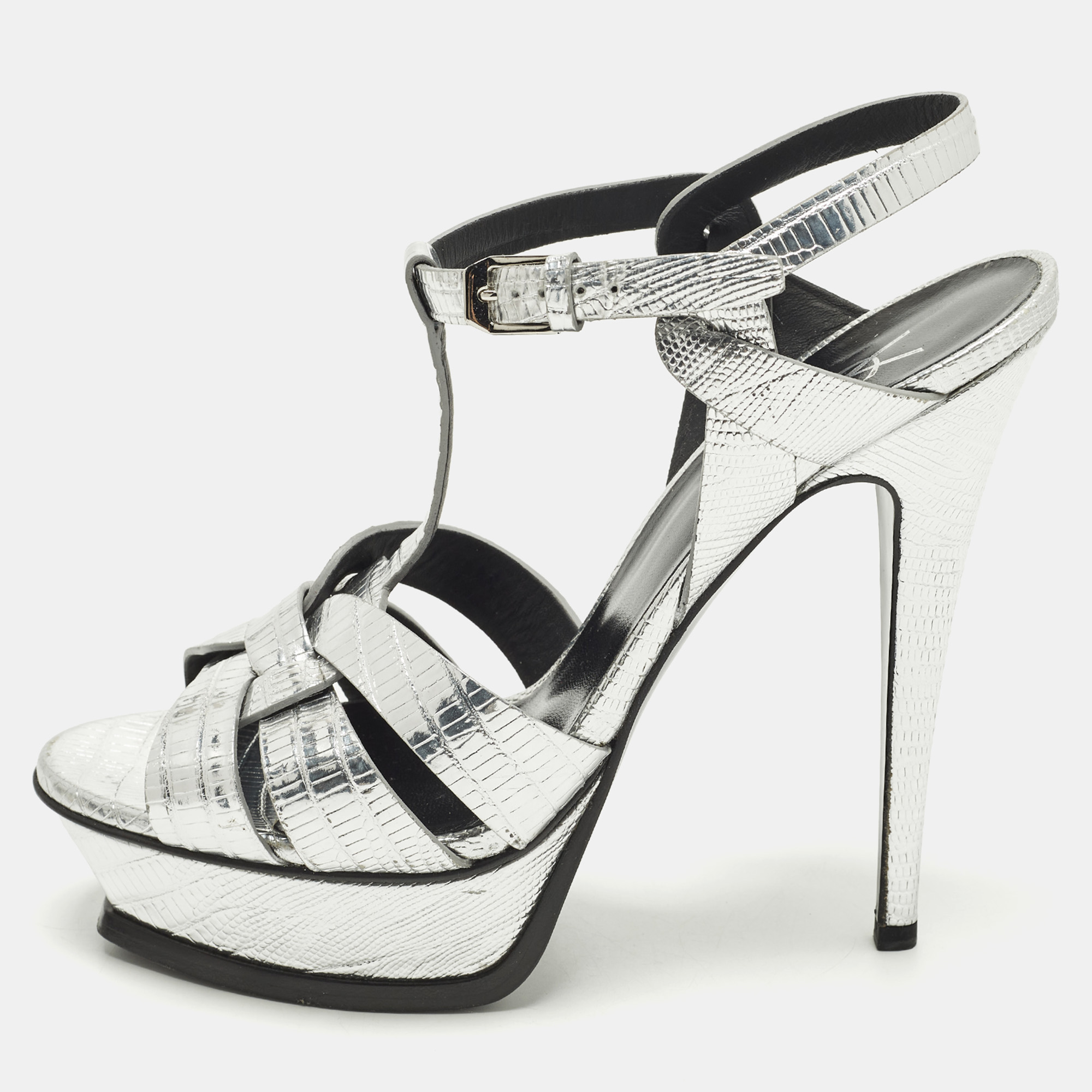 Saint Laurent Tribute Size Silver Lizard Embossed Leather Ankle Strap Sandals
Saint Laurent Tribute Size Silver Lizard Embossed Leather Ankle Strap Sandals