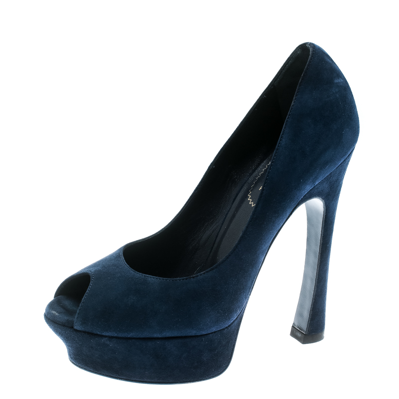 Saint laurent paris saint laurent blue suede palais platform peep toe pumps size 36