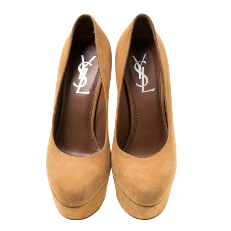 Saint Laurent Paris Beige Camel Suede Aliama Platform Pumps Size 37.5