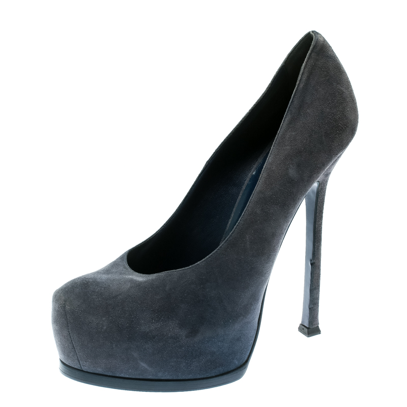 Saint Laurent Paris Blue Suede Tribtoo Platform Pumps Size 40