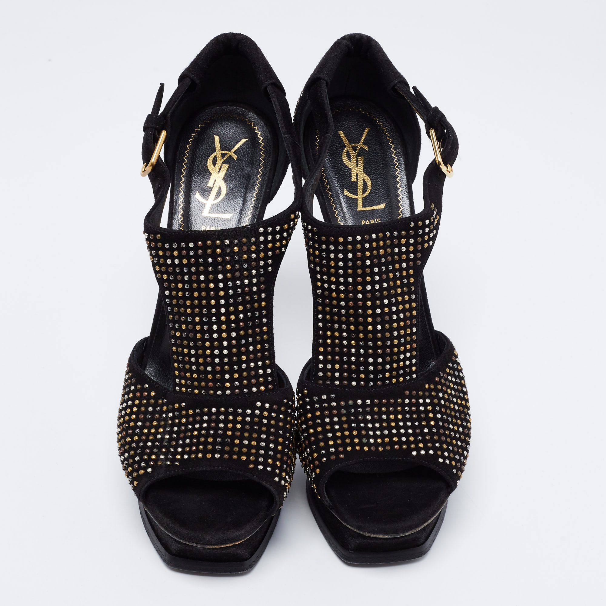 Saint Laurent Paris Black Studded Suede T-Strap Peep Toe Platform Sandals Size 38.5