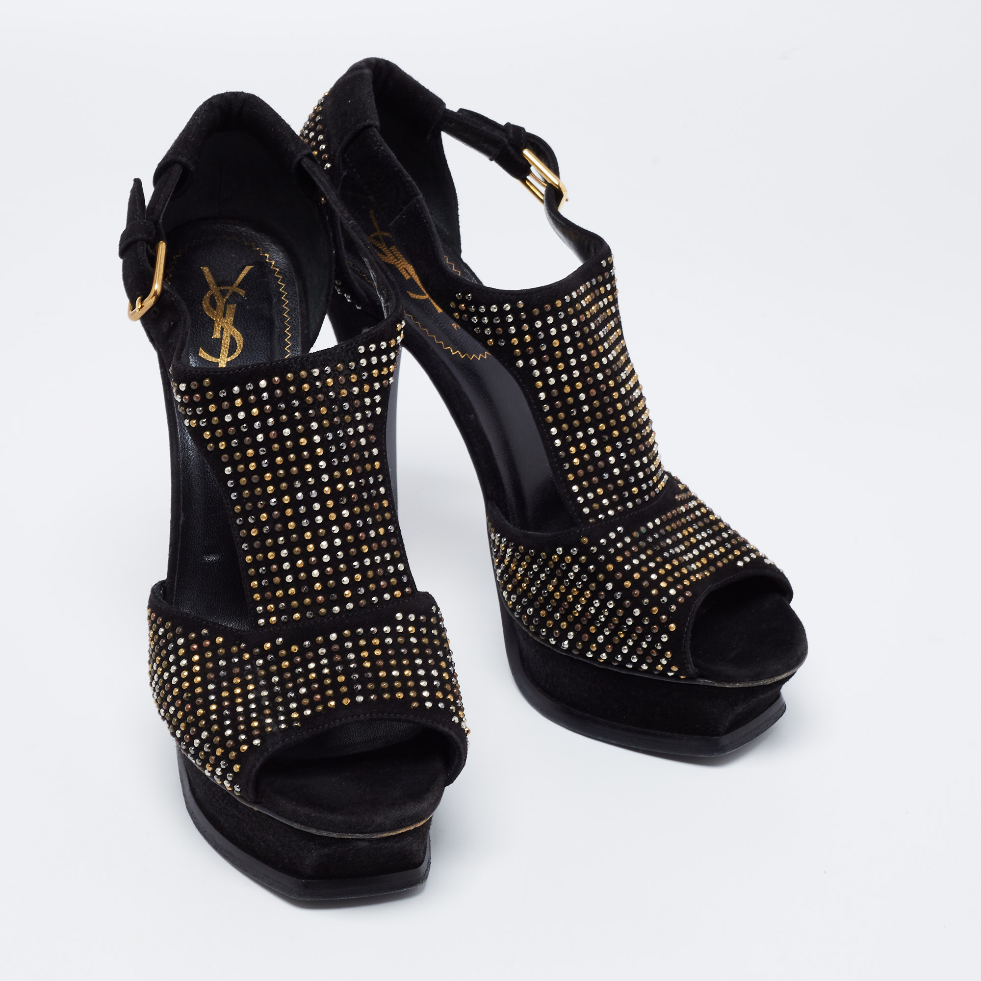 Saint Laurent Paris Black Studded Suede T-Strap Peep Toe Platform Sandals Size 38.5
