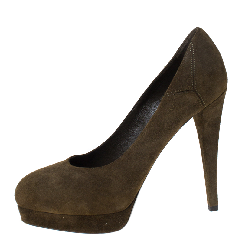 Saint Laurent Paris Dark Green Suede Platform Pumps Size 36