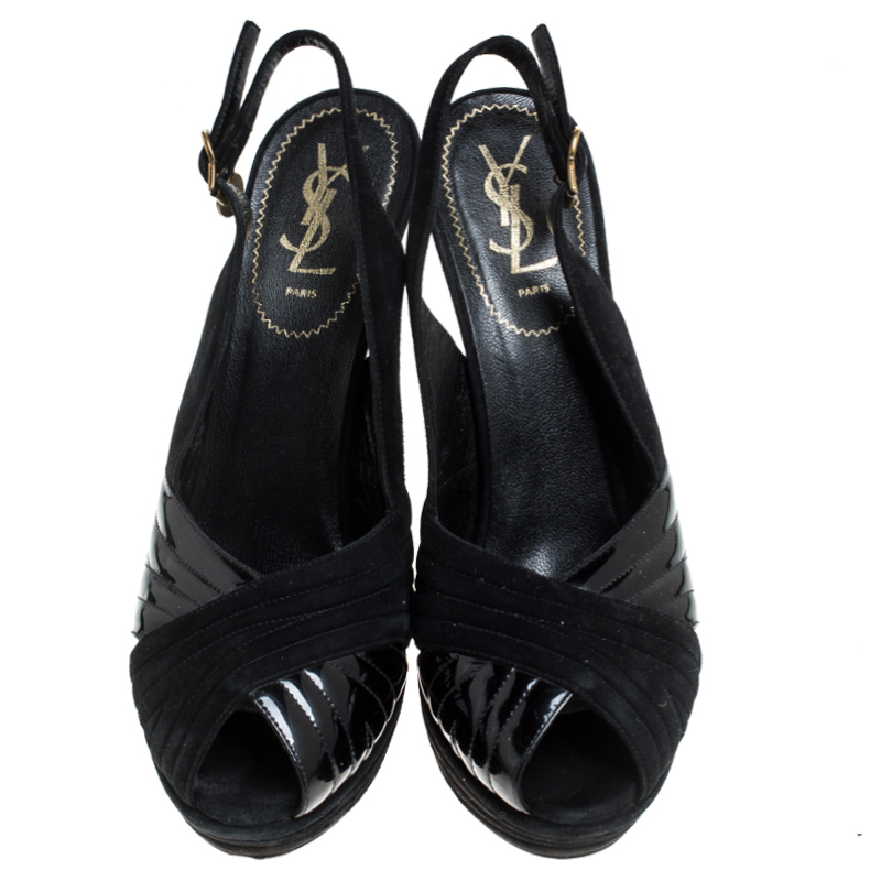 Saint Laurent Paris Black Criss Cross Suede And Patent Leather Slingback Platform Sandals Size 40