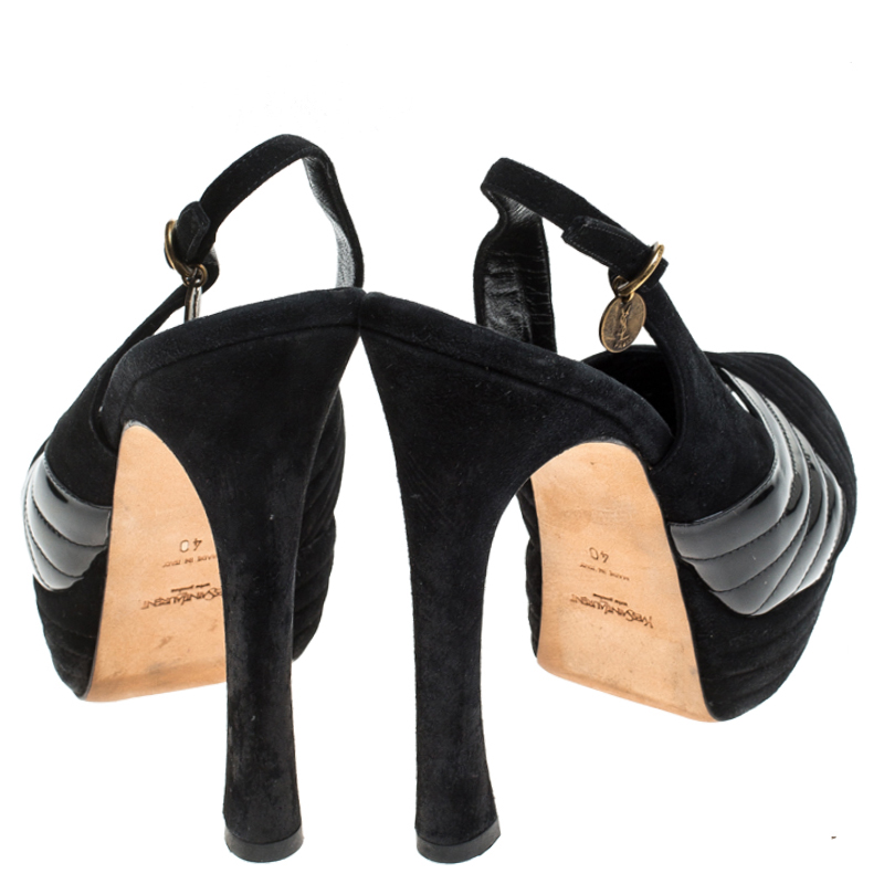 Saint Laurent Paris Black Criss Cross Suede And Patent Leather Slingback Platform Sandals Size 40