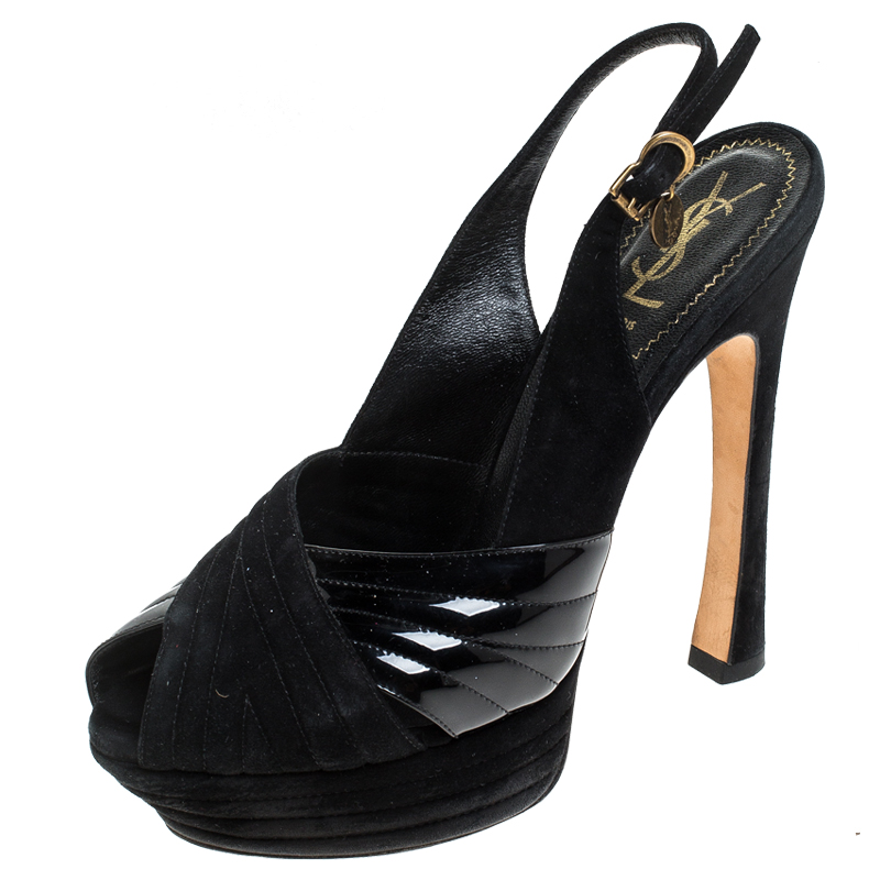 Saint Laurent Paris Black Criss Cross Suede And Patent Leather Slingback Platform Sandals Size 40