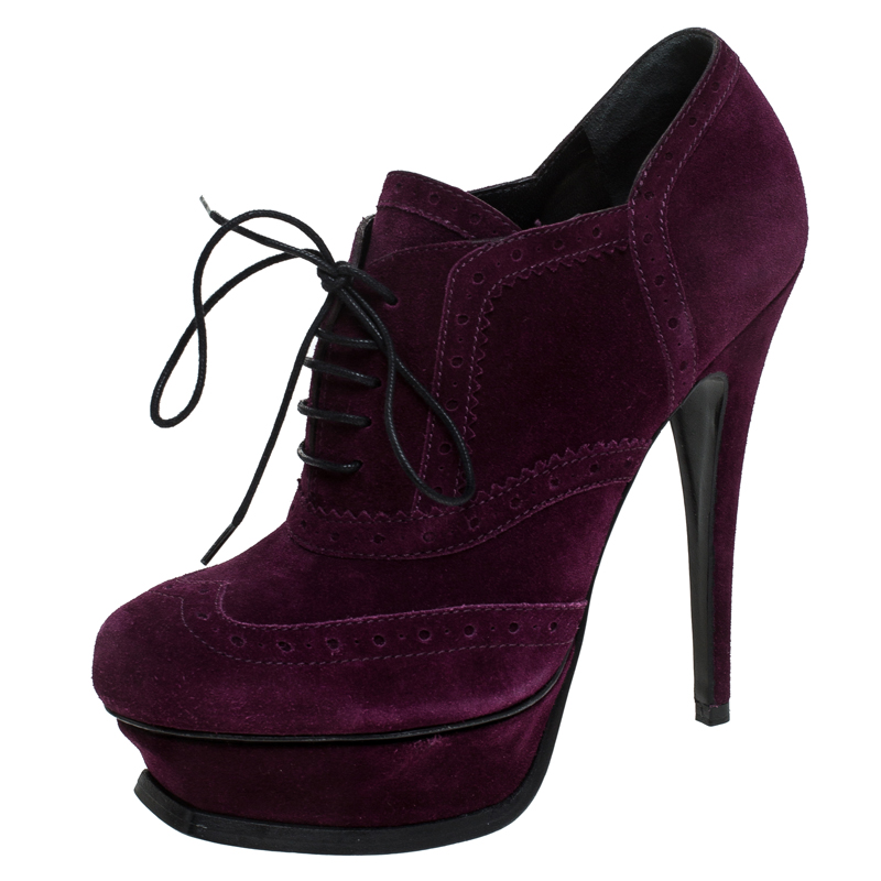 Saint Laurent Paris Purple Brogue Suede Janis Platform Booties Size 37