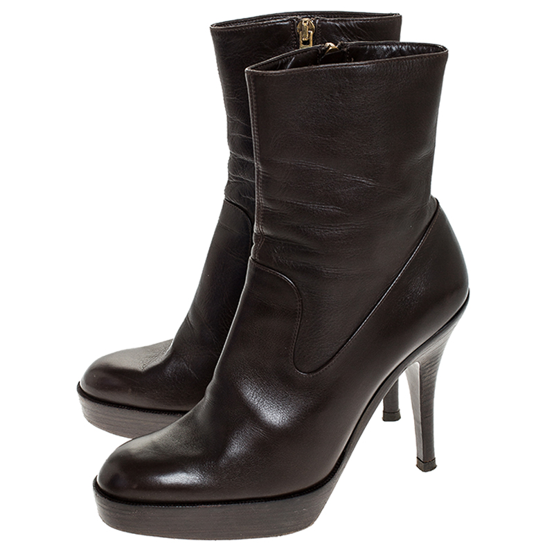 Saint Laurent Brown Leather Platform Ankle Boots Size 36.5