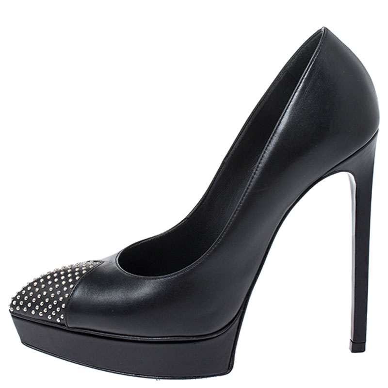 Saint Laurent Paris Black Leather Studded Cap Toe Platform Pumps Size 
Saint Laurent Paris Black Leather Studded Cap Toe Platform Pumps Size
