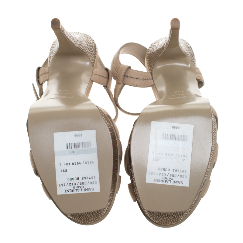 Saint Laurent Paris Beige Leather And Stingray Bubeo Platform Sandals Size 40.5