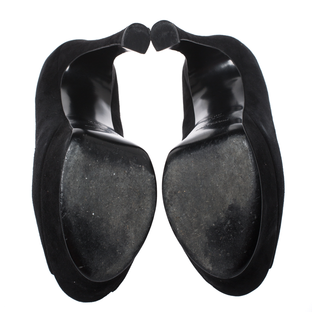 Yves Saint Laurent Black Suede Palais Platform Peep Toe Pumps Size 38.5