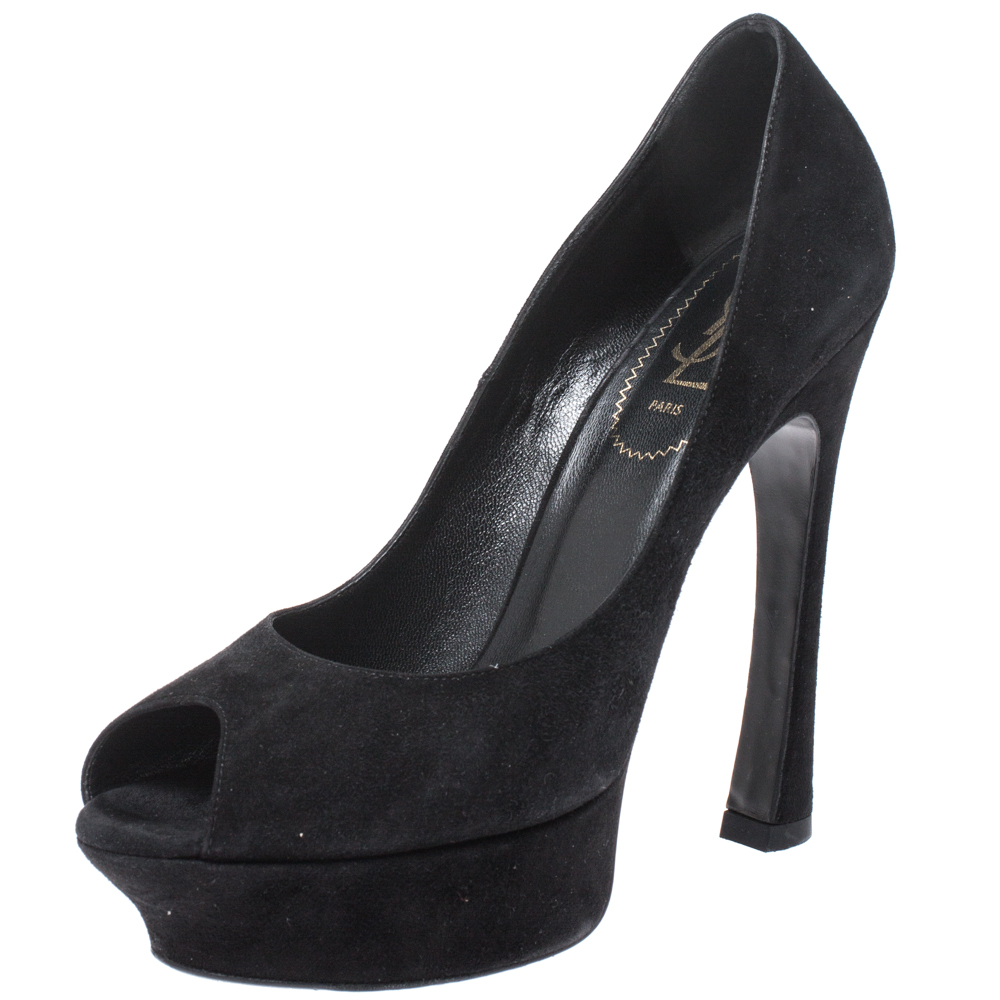 Yves Saint Laurent Black Suede Palais Platform Peep Toe Pumps Size 38.5