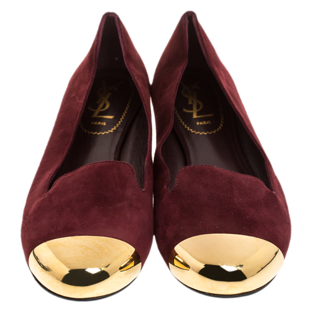 Yves Saint Laurent Burgundy Suede Metal Cap Toe Evelyn Loafers Size 36.5