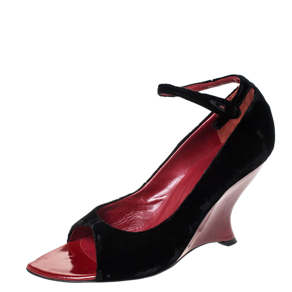 Image of Saint Laurent Black Velvet Tai Tai Wedge Open Ankle Strap Sandals Size .