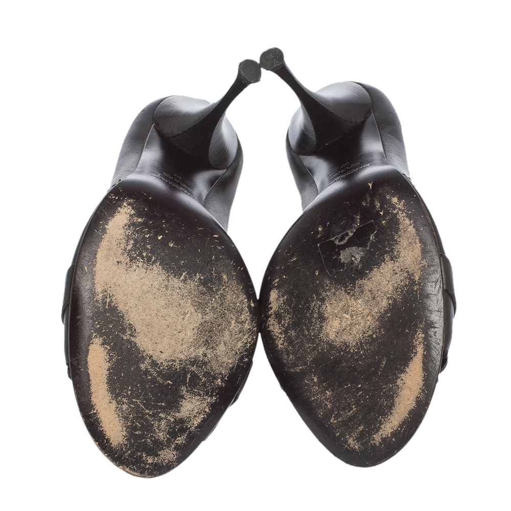 Saint Laurent Dark Brown Leather Ring Buckle Fringe Peep Toe Pumps Size 39.5