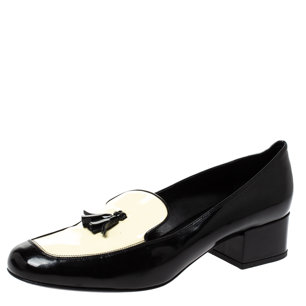 Image of Saint Laurent Black/White Patent Leather Babies Tassel Loafers Size