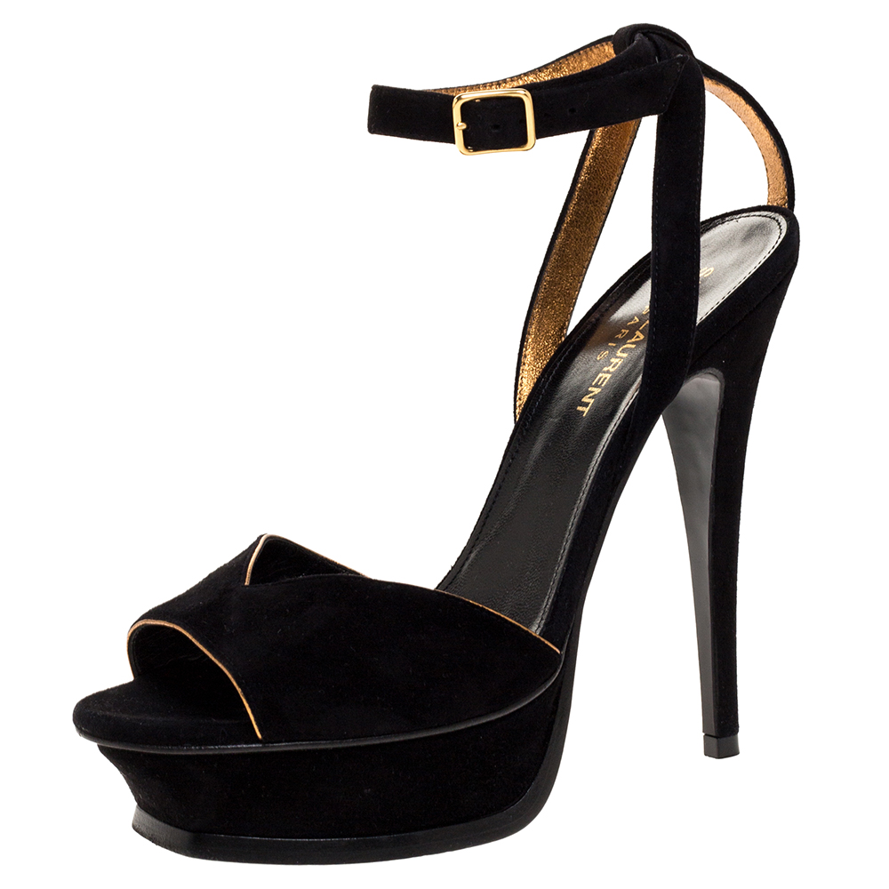 Image of Saint Laurent Black Suede Tribute Lips Platform Sandals Size