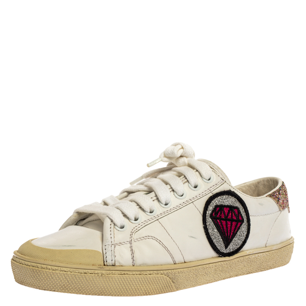 Saint Laurent Paris White Leather And Glitter Trim Court Classic SL/37 Diamond Patch Low Top Sneakers Size 35