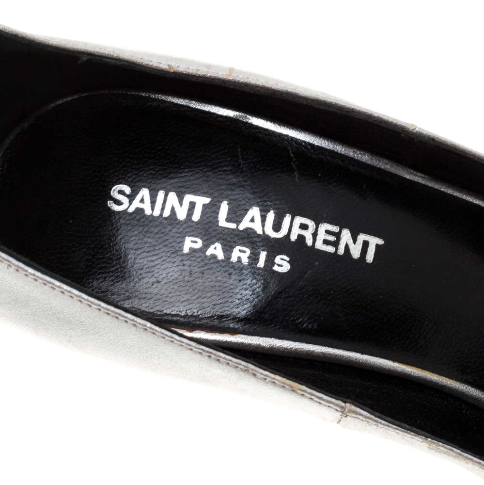 Saint Laurent Paris Silver Leather Thorn Pointed Toe Pumps Size 37