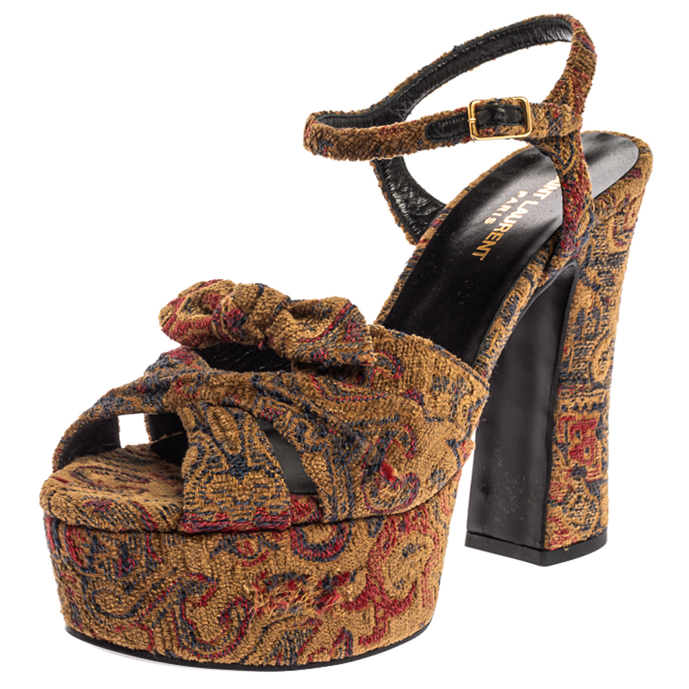 Image of Saint Laurent Multicolor Brocade Fabric Candy Bow Platform Sandals Size .