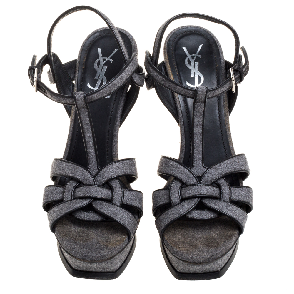 Saint Laurent Paris Grey Tweed Fabric Tribute Sandals Size 38