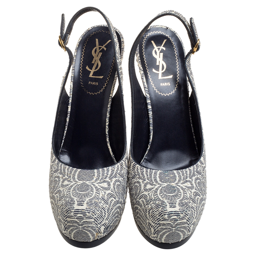 Saint Laurent Paris Cream/Black Printed Python Embossed Leather Tribtoo Slingback Platform Sandals Size 38.5