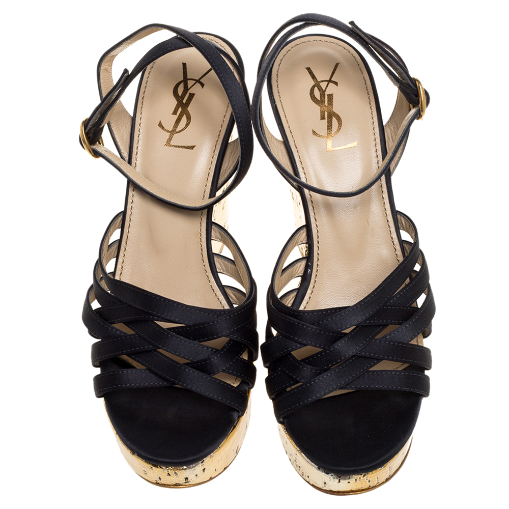Yves Saint Laurent Paris Dark Grey/Gold Satin Strappy Ankle Strap Wedge Sandals Size 36