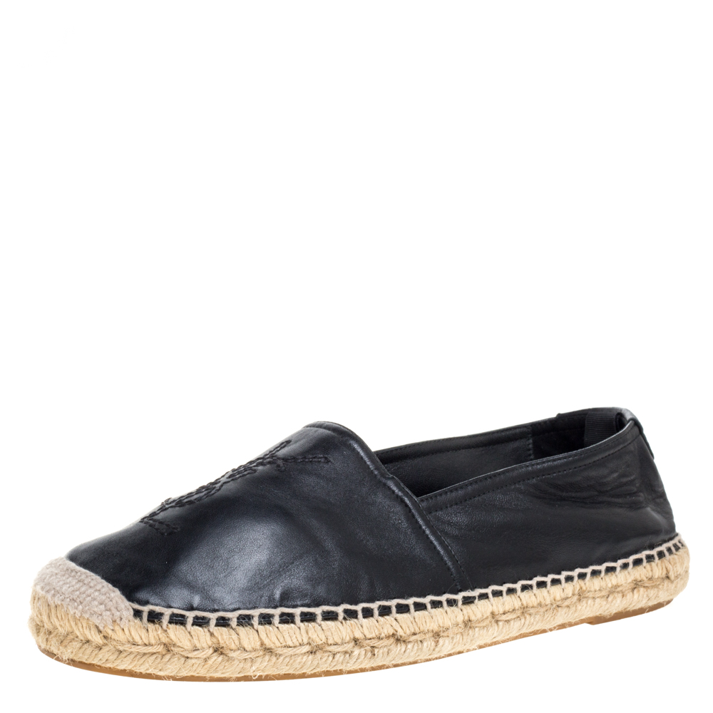 Image of Saint Laurent Black Leather Logo Espadrilles Size