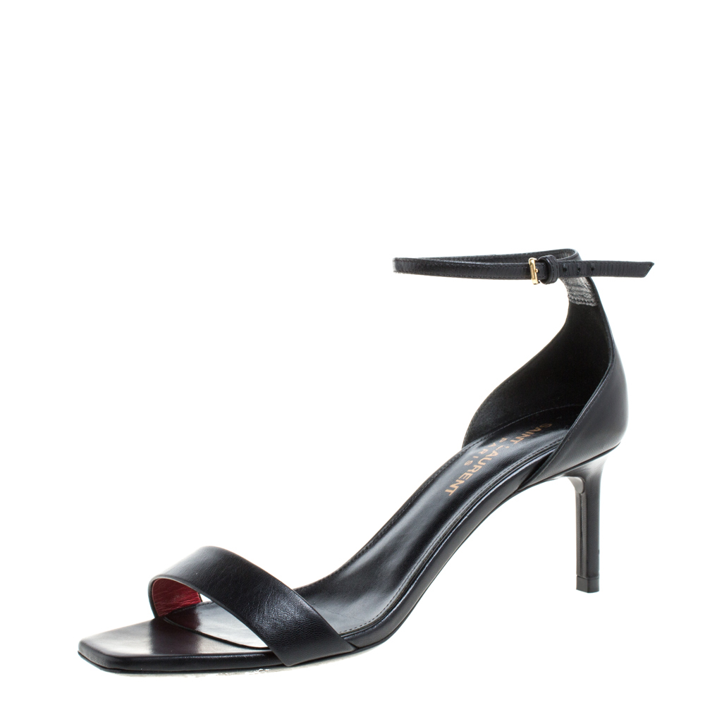 Image of Saint Laurent Black Leather Amber Ankle Strap Sandals Size