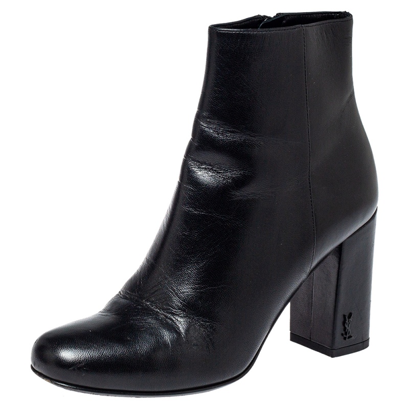 Saint Laurent Black Leather Loulou Zipped Ankle Boots Size 35