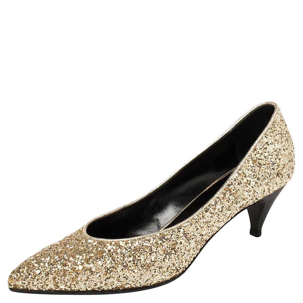 Saint Laurent Gold Glitter Charlotte Pumps Size 37.5