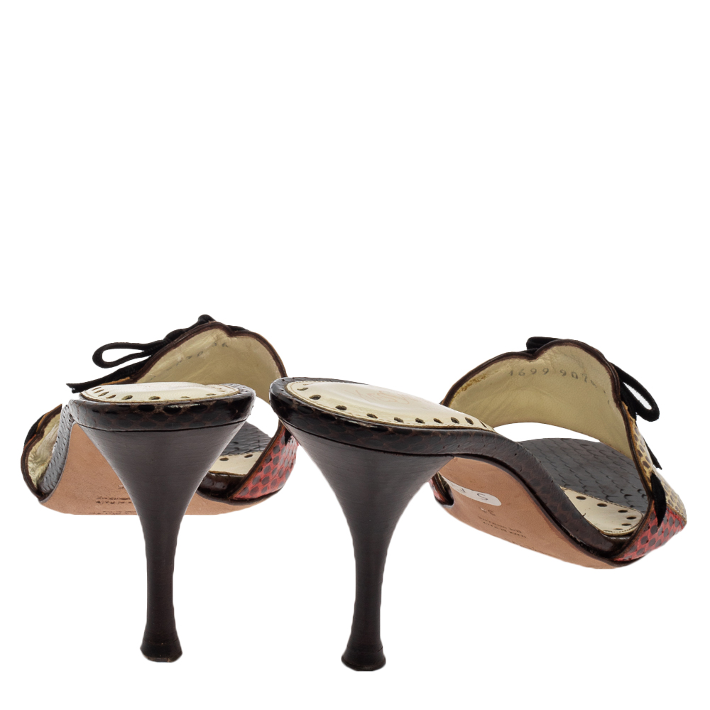 Saint Laurent Multicolor Snakeskin Bow Slide Sandals Size 36