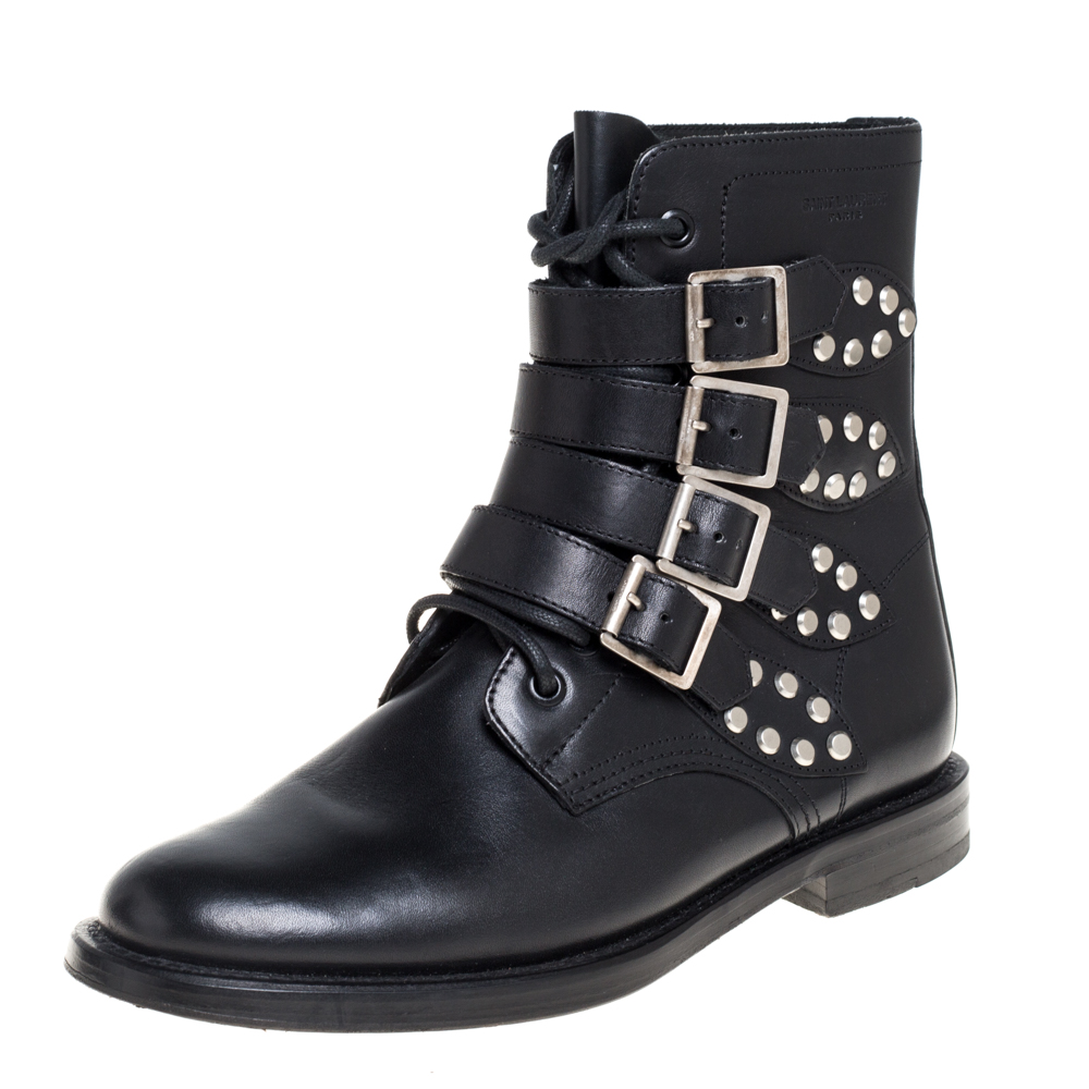 Saint Laurent Black Leather Buckle Detail Ankle Boots Size 38